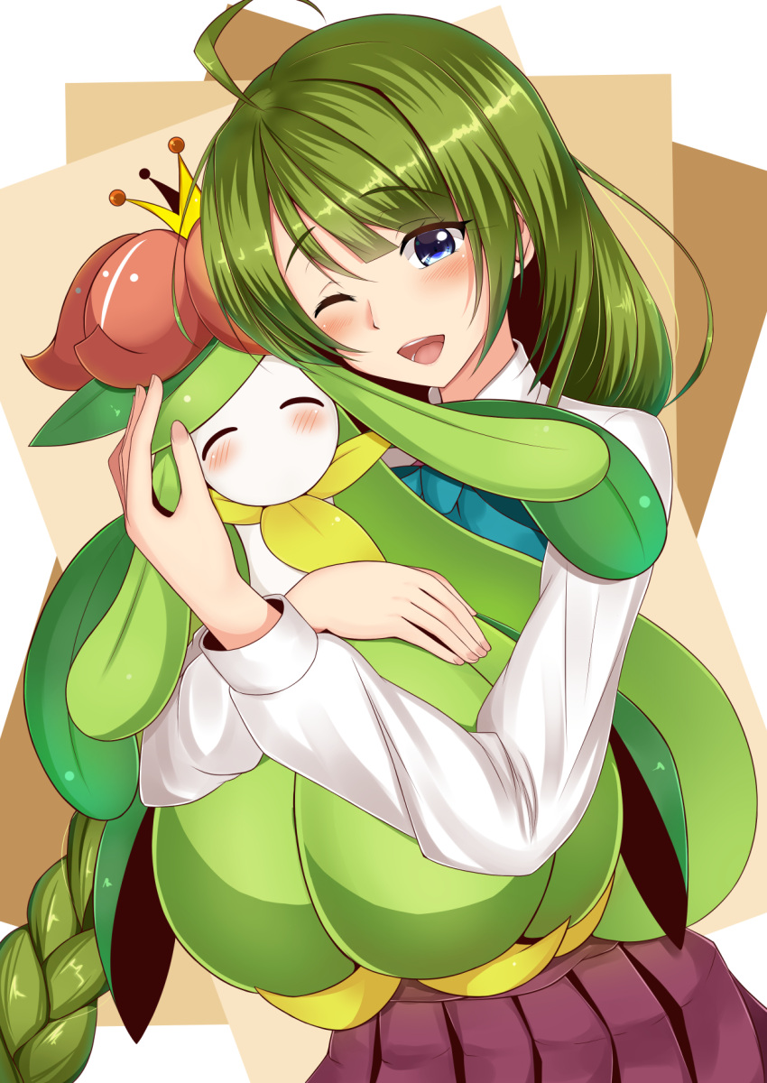 1girl ahoge blue_eyes blush braid crossover error green_hair highres hug kantai_collection lilligant long_hair one_eye_closed open_mouth pokemon pokemon_(creature) sazamiso_rx single_braid smile yuugumo_(kantai_collection)