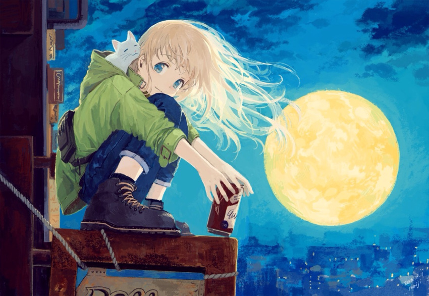 1girl :3 animal animal_on_shoulder bag beer_can blonde_hair blue_eyes can capri_pants cat city cityscape clouds denim evening fanny_pack full_moon holding holding_animal holding_can hood hooded_jacket jacket jeans kneeling knees_on_chest long_hair looking_at_viewer maij moon night night_sky original outdoors pants scenery shoes sign sitting sky sleeves_rolled_up smile sneakers solo squatting white_cat