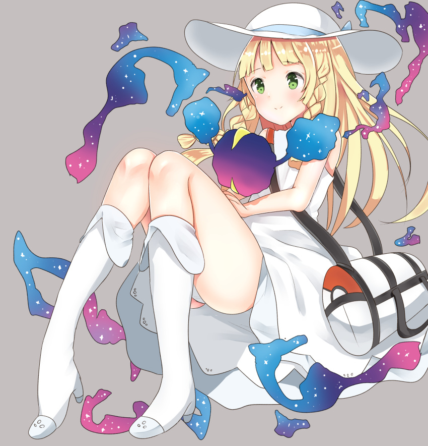 1girl absurdres bag bangs bare_arms blonde_hair blunt_bangs braid collared_dress cosmog dress duffel_bag green_eyes handbag hat highres kneehighs lillie_(pokemon) long_hair naako_(7naako5) poke_ball_theme pokemon pokemon_(creature) pokemon_(game) pokemon_sm sleeveless sleeveless_dress sun_hat sundress twin_braids white_dress white_hat white_legwear