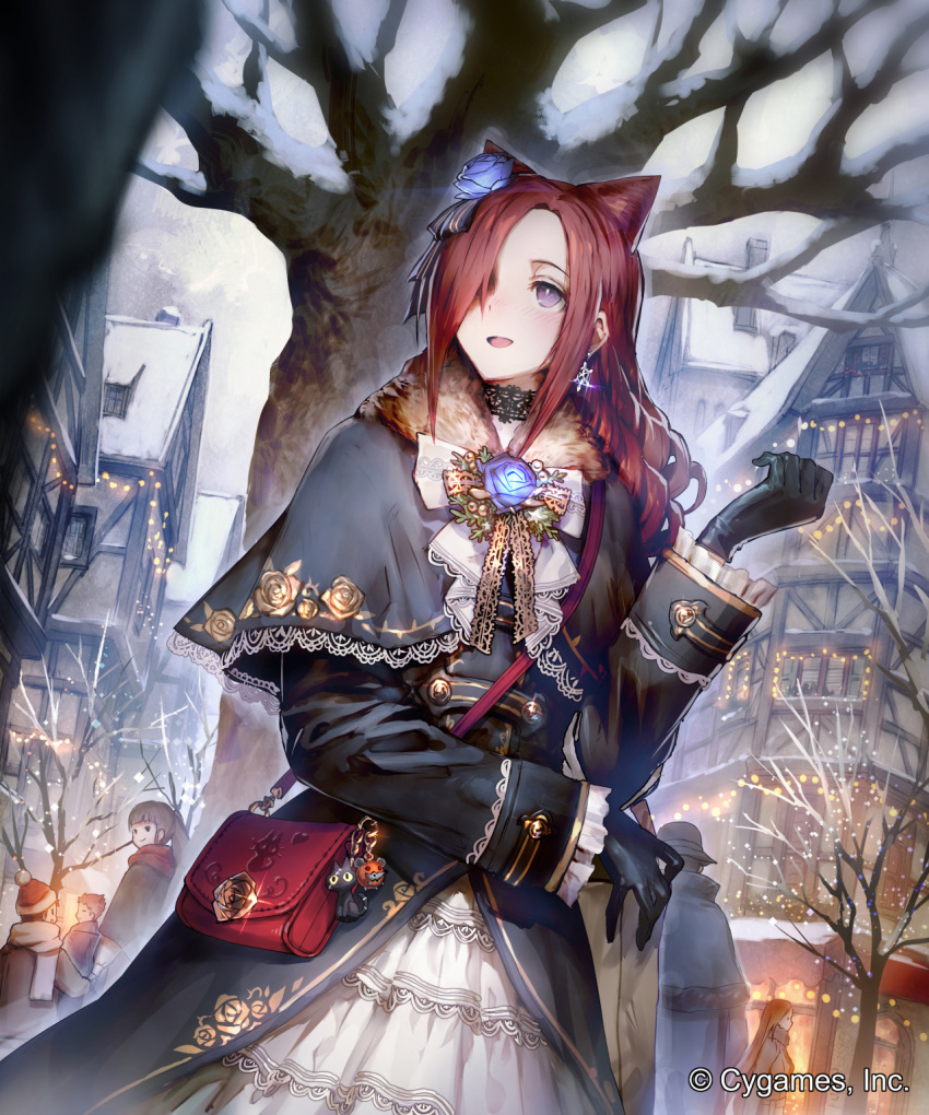 1girl :d bag bag_charm bare_tree black_coat black_gloves black_hat bow brown_hair building capelet ceres_(shingeki_no_bahamut) christmas_lights city closed_mouth company_name day drill_hair dutch_angle earrings floral_print flower frilled_sleeves frills fur_collar glint gloves gold_trim hair_flower hair_ornament hair_over_one_eye half-timbered hand_holding hand_up handbag hat high_ponytail highres jewelry lace_choker lace_trim long_hair long_sleeves looking_afar official_art okada_manabi open_mouth outdoors people ponytail profile purple_rose red_scarf rose scarf shingeki_no_bahamut short_hair skirt smile snow snowflake_earrings solo_focus standing tree very_long_hair violet_eyes watermark white_scarf white_skirt winter