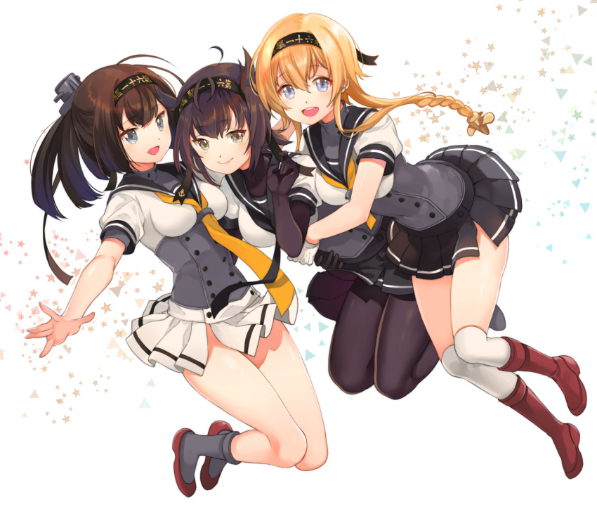 3girls ahoge akizuki_(kantai_collection) arms_around_waist bending_forward bent_knees black_hair blue_eyes bodysuit braid breasts brown_hair clothes_writing corset full_body fumako grey_eyes hachimaki hair_between_eyes hair_flaps hair_ornament hairband hatsuzuki_(kantai_collection) headband hug impossible_clothes kantai_collection kneehighs leaning_forward light_brown_hair lips long_hair looking_at_viewer medium_breasts miniskirt multiple_girls neckerchief open_mouth outstretched_arms outstretched_hand pleated_skirt ponytail propeller_hair_ornament puffy_short_sleeves puffy_sleeves sailor_collar school_uniform serafuku short_hair short_sleeves skirt smile teruzuki_(kantai_collection) twin_braids white_skirt yellow_eyes