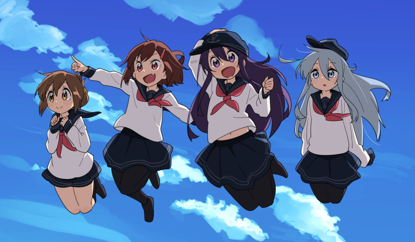 &gt;:d 4girls :d akatsuki_(kantai_collection) anchor_symbol black_legwear blue_eyes brown_hair clouds cloudy_sky commentary_request day fang flat_cap folded_ponytail hair_ornament hairclip hat hibiki_(kantai_collection) highres ikazuchi_(kantai_collection) inazuma_(kantai_collection) jumping kantai_collection light_brown_eyes long_hair long_sleeves midriff multiple_girls navel neckerchief open_mouth pantyhose pleated_skirt pointing pointing_forward purple_hair school_uniform serafuku short_hair skirt sky smile tonmoh violet_eyes white_hair