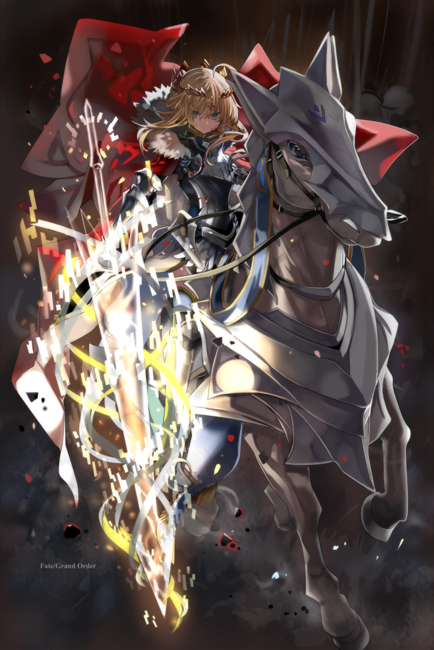 1girl ahoge armor artoria_pendragon_lancer_(fate/grand_order) bangs blonde_hair blood blood_on_face breastplate copyright_name crown fate/grand_order fate_(series) fur_trim gauntlets greaves green_eyes hair_between_eyes highres holding holding_weapon horse horseback_riding lance long_hair looking_at_viewer polearm rhongomyniad riding saber shino_(eefy) solo weapon