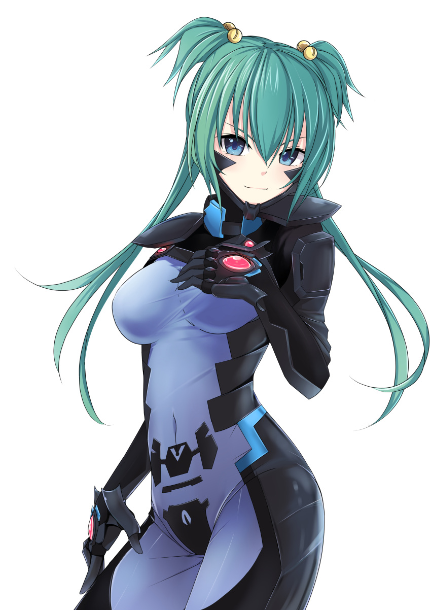 1girl absurdres armor armored_dress bell blue_eyes bodysuit breast_hold breasts comicsnic covered_navel cui_yifei erect_nipples grabbing green_hair hair_bell hair_ornament hands_on_hips highres long_hair looking_at_viewer md5_mismatch mecha muvluv muvluv_alternative muvluv_total_eclipse pilot_suit shy side_ponytail smile solo standing tail twintails white_background