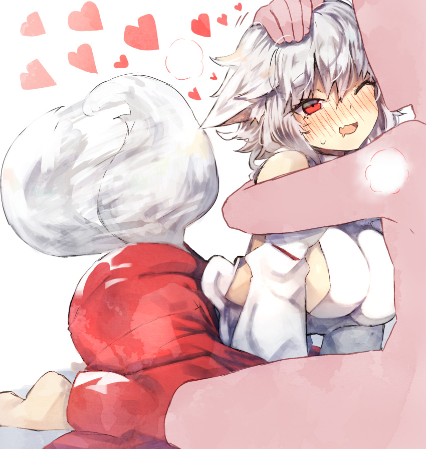 1boy 1girl animal_ears bare_shoulders barefoot bei_mochi blush breasts breath detached_sleeves faceless faceless_male heart highres hug inubashiri_momiji kneeling large_breasts one_eye_closed petting red_eyes red_skirt sitting skirt solo_focus tail tail_wagging touhou white_background white_hair wolf_ears wolf_tail