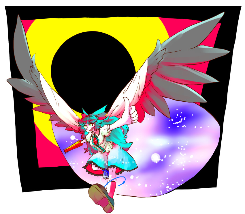 1girl :d arm_cannon bird_wings black_wings bow cape eyeball feathered_wings hair_bow highres loafers long_hair open_mouth outstretched_arms puffy_short_sleeves puffy_sleeves red_eyes reiuji_utsuho sazamushi shoes short_sleeves skirt smile solo spread_arms star_(sky) teeth third_eye thumbs_up touhou very_long_hair weapon wings