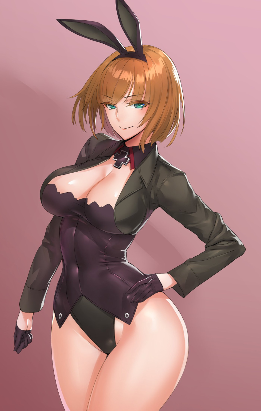 1girl :&gt; animal_ears bangs black_gloves breasts brown_background brown_hair bunny_girl cleavage corset covered_navel cowboy_shot cropped_jacket daglasses detached_collar eyebrows_visible_through_hair fake_animal_ears gloves green_eyes green_jacket gundula_rall hairband half_gloves highres iron_cross jacket large_breasts leotard looking_at_viewer rabbit_ears short_hair simple_background smile solo strike_witches thighs world_witches_series