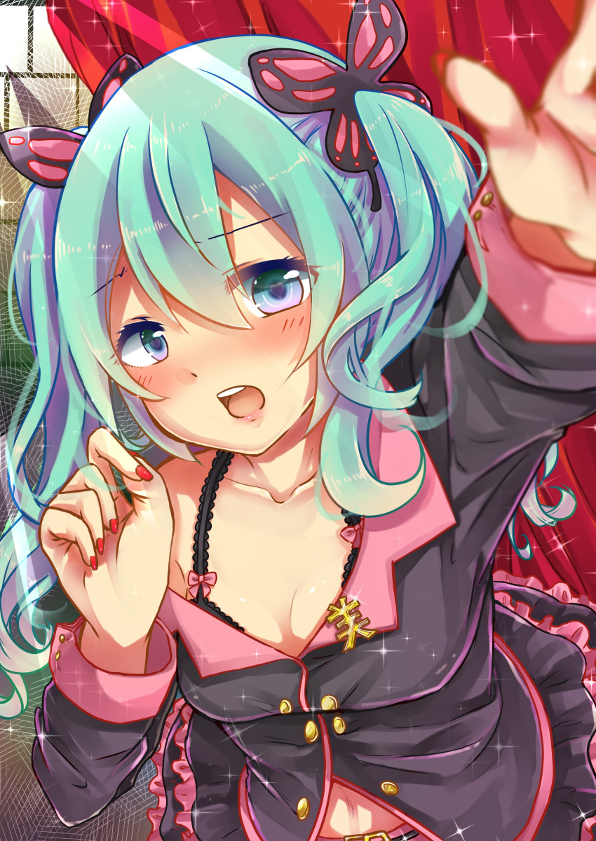 1girl absurdres aqua_eyes aqua_hair black_bra blush bra butterfly_hair_ornament hair_ornament hatsune_miku highres long_hair looking_at_viewer nail_polish off_shoulder open_mouth outstretched_arm project_diva_(series) project_diva_f reaching solo sweet_devil_(vocaloid) underwear vocaloid yukito_(39521)