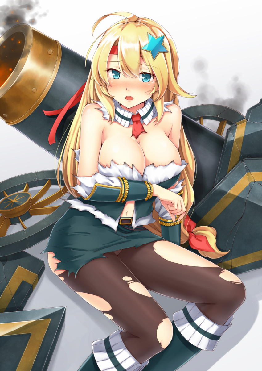 1girl ahoge armor bare_shoulders belt black_legwear blonde_hair blue_eyes blush bow breasts cannon cleavage dabadhi goryoukaku_(oshiro_project) hair_between_eyes hair_bow hair_ornament headband highres japanese_armor kote large_breasts long_hair looking_at_viewer low-tied_long_hair navel nose_blush open_mouth oshiro_project panties panties_under_pantyhose pantyhose red_bow sidelocks solo star star_hair_ornament tears torn_clothes torn_pantyhose underwear very_long_hair