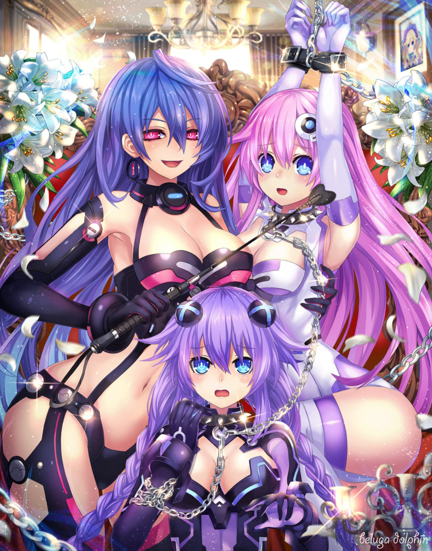 4girls :d :o arms_up bdsm beluga_dolphin blue_eyes blue_hair blush bodysuit bondage bound braid breasts chains chandelier choujigen_game_neptune cleavage cleavage_cutout collar cuffs dominatrix elbow_gloves embarrassed female femdom flower gloves hair_between_eyes hair_ornament highres histoire hug indoors iris_heart kami_jigen_game_neptune_v large_breasts leotard long_hair looking_at_viewer medium_breasts multiple_girls naughty_face navel nepgear neptune_(choujigen_game_neptune) neptune_(series) open_mouth painting_(object) petals pink_hair portrait power_symbol purple_hair purple_heart purple_sister pururut red_eyes revealing_clothes riding_crop shy siblings signature sisters slave smile spiked_collar spikes symbol-shaped_pupils tied twin_braids very_long_hair yuri
