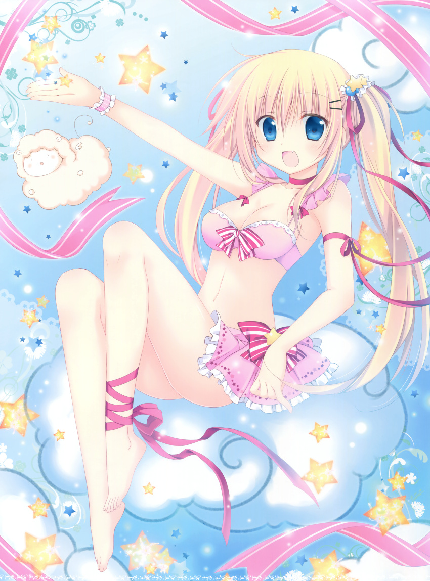 1girl absurdres alpaca ankle_ribbon barefoot blonde_hair blue_eyes bow bra breasts choker cleavage eyebrows_visible_through_hair fang feet hair_bow hair_ribbon highres huge_filesize korie_riko long_hair looking_at_viewer medium_breasts miniskirt open_mouth original outstretched_arm pink_bra pink_skirt pleated_skirt red_bow red_ribbon ribbon ribbon_choker scan skirt solo star strapless strapless_bra toes twintails underwear wrist_cuffs