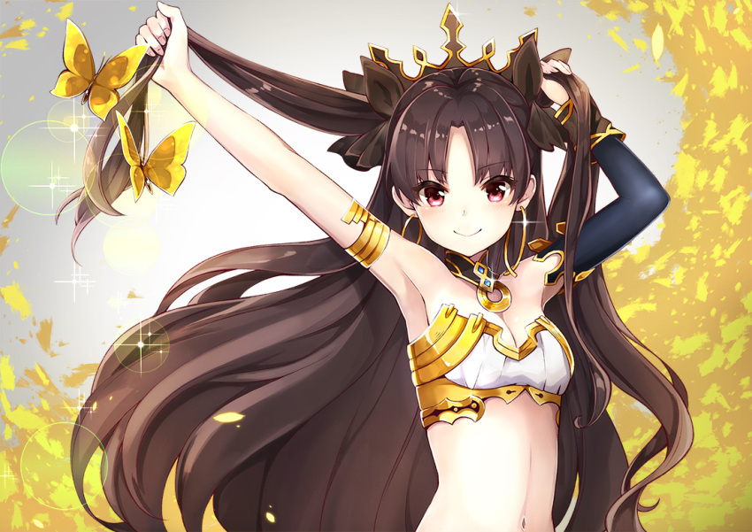 1girl armpits arms_up bare_shoulders breasts butterfly cleavage collar detached_sleeves earrings fate/grand_order fate_(series) female hair_grab hair_ribbon highres hilo_(joy_hero) hoop_earrings ishtar_(fate/grand_order) jewelry long_hair looking_at_viewer midriff navel outstretched_arm red_eyes revealing_clothes ribbon single_sleeve small_breasts smile solo strapless tohsaka_rin two_side_up