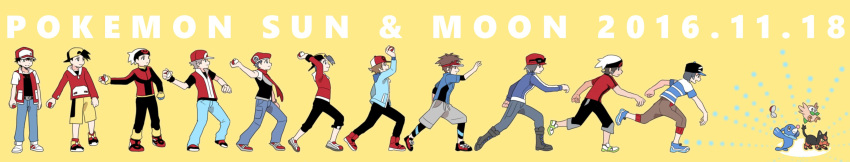 6+boys absurdres backwards_hat bangs baseball_cap beanie beret black_hair black_hat black_shirt brown_hair calme_(pokemon) capri_pants copyright_name dated denim dual_persona gold_(pokemon) gold_(pokemon)_(classic) hat highres jacket jeans kouki_(pokemon) kyouhei_(pokemon) leggings litten_(pokemon) long_image male_protagonist_(pokemon_sm) multiple_boys pants player_character poke_ball pokemon pokemon_(creature) pokemon_(game) pokemon_bw pokemon_bw2 pokemon_dppt pokemon_frlg pokemon_gsc pokemon_hgss pokemon_oras pokemon_rgby pokemon_rse pokemon_sm pokemon_xy popped_collar popplio pumpkinpan red_(pokemon) red_(pokemon)_(classic) red_(pokemon)_(remake) red_scarf rowlet scarf shirt shoes short_hair short_sleeves shorts simple_background sneakers striped striped_shirt swept_bangs t-shirt tan throwing throwing_poke_ball touya_(pokemon) vest visor_cap wide_image yellow_background yellow_shorts yuuki_(pokemon) yuuki_(pokemon)_(remake)