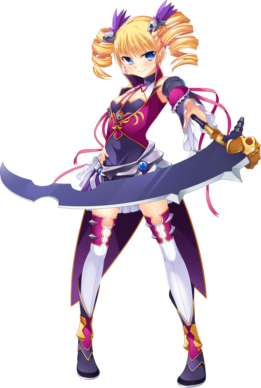 1girl absurdres blonde_hair blue_eyes blush bow bowtie detached_sleeves drill_hair frills full_body hand_on_hip highres holding holding_weapon kantaka koihime_musou looking_at_viewer scythe solo sousou thigh-highs transparent_background twintails weapon