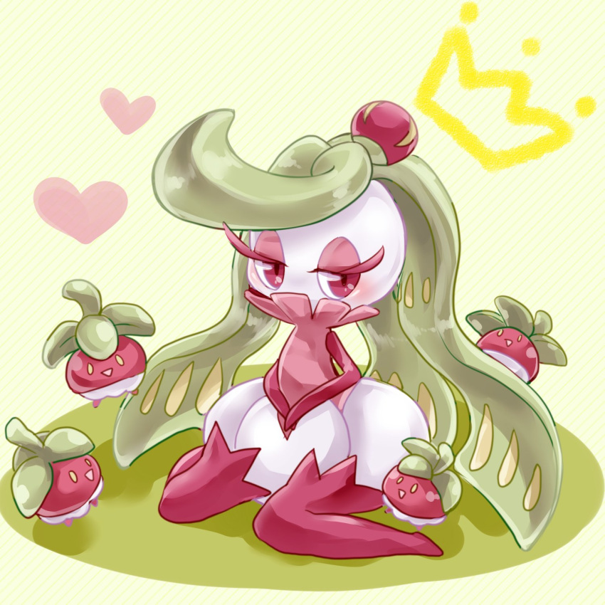 blush bounsweet crown eyelashes eyeshadow full_body green_background green_hair half-closed_eyes hands_together heart highres long_hair looking_away looking_to_the_side makeup mini_crown nagare_(119) no_humans pokemon pokemon_(creature) pokemon_(game) pokemon_sm purple_legwear sitting striped striped_background thigh-highs tri_tails tsareena v_arms very_long_hair violet_eyes wariza