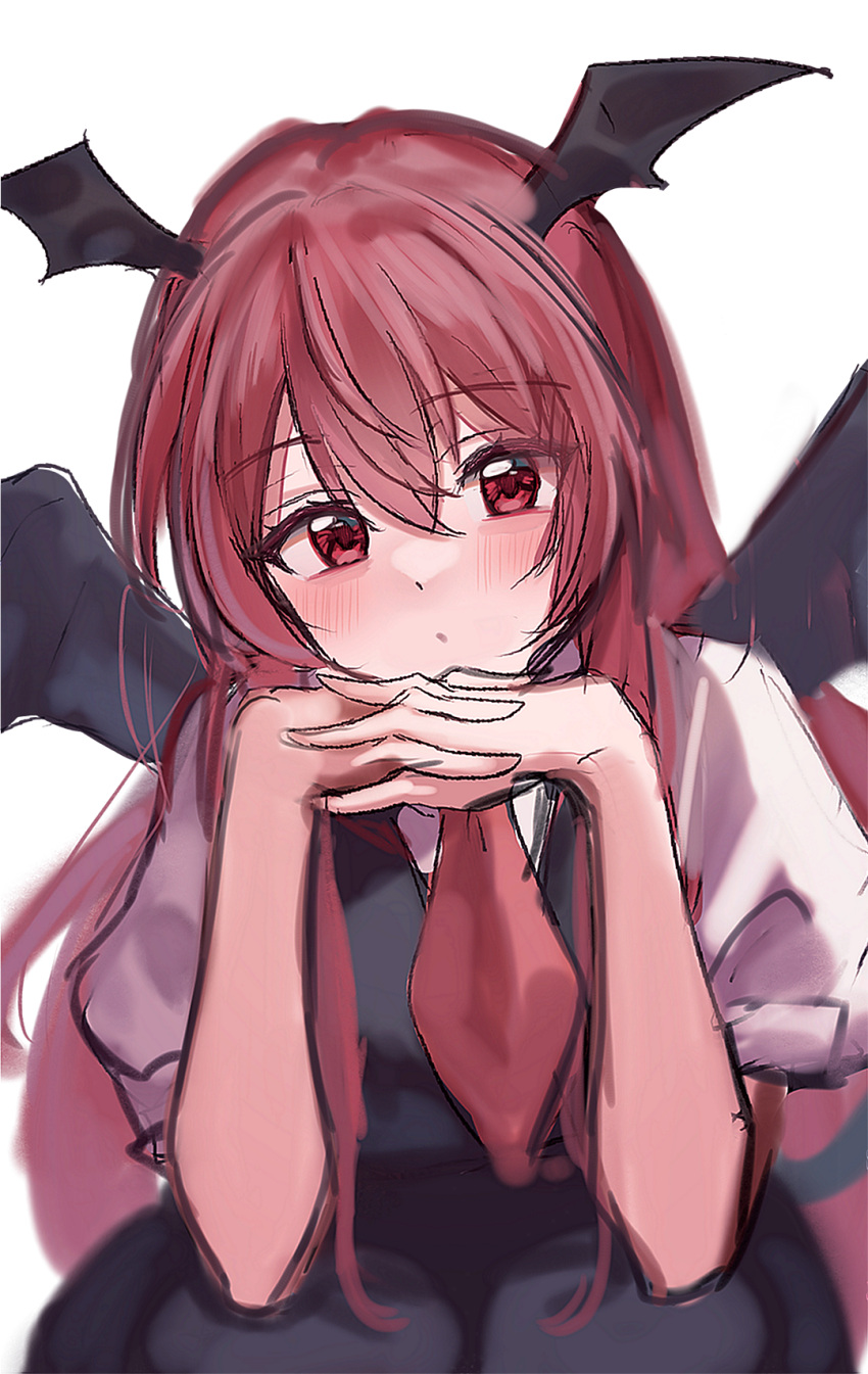 1girl :/ bat_wings black_dress blush commentary_request dress expressionless hair_between_eyes hair_down hands_up head_rest head_wings highres interlocked_fingers koakuma kosaka_sakasa long_hair looking_at_viewer necktie one-hour_drawing_challenge own_hands_together puffy_short_sleeves puffy_sleeves red_eyes red_necktie redhead shirt short_sleeves sketch sleeveless sleeveless_dress solo touhou upper_body very_long_hair white_background white_shirt wings