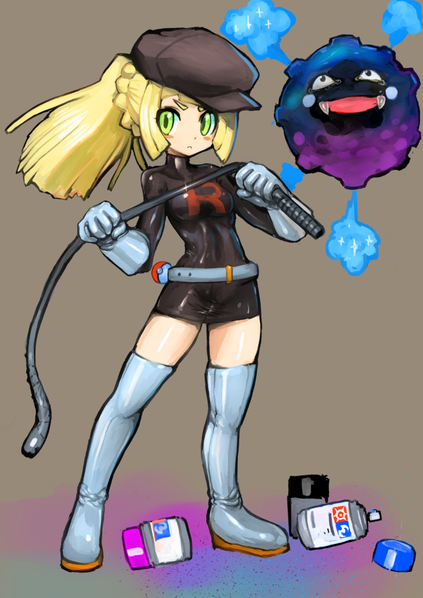 1girl bangs blonde_hair blunt_bangs blush braid clothes_writing cosmog cosmog_(cosplay) cosplay dakusuta french_braid gloves green_eyes hat highres koffing lillie_(pokemon) long_hair looking_at_viewer npc pokemon pokemon_(creature) pokemon_(game) pokemon_sm ponytail shiny shiny_clothes skirt smile solo team_rocket team_rocket_grunt thigh-highs whip