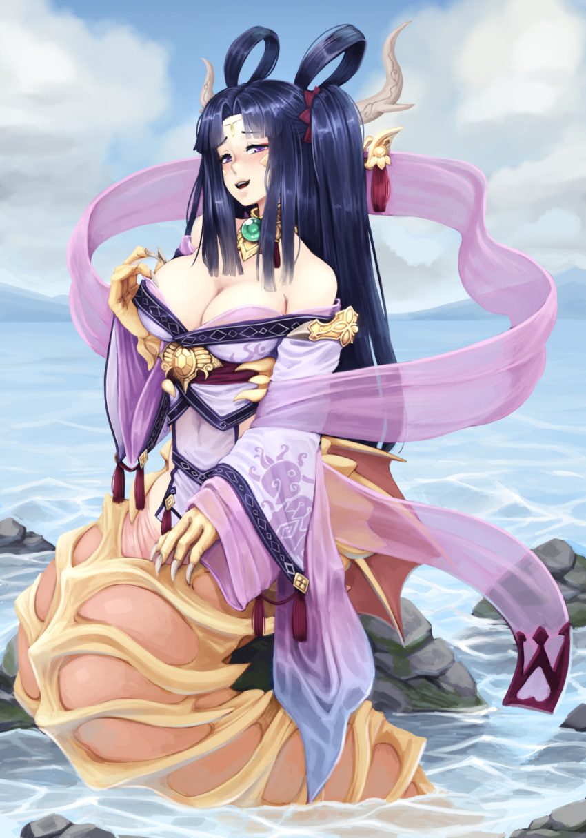 1girl barbariank bare_shoulders black_hair blush breasts claws cleavage covered_navel dragon_girl dragon_horns eyeshadow hagoromo hair_ornament hair_rings half-closed_eyes highres horns japanese_clothes jewelry large_breasts long_hair looking_at_viewer makeup monster_girl monster_girl_encyclopedia ocean open_mouth otohime_(monster_girl_encyclopedia) paws rock shawl sitting smile solo twintails violet_eyes water wide_sleeves
