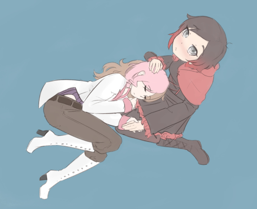 2girls blush boots brown_hair cape female flat_color full_body gothic_lolita grey_eyes hand_holding hand_on_another's_head knee_boots lap_pillow lolita_fashion looking_at_viewer multicolored_hair multiple_girls neo_(rwby) pants pink_hair redhead ruby_rose rwby simple_background sitting sketch tight tight_pants wariza yancon