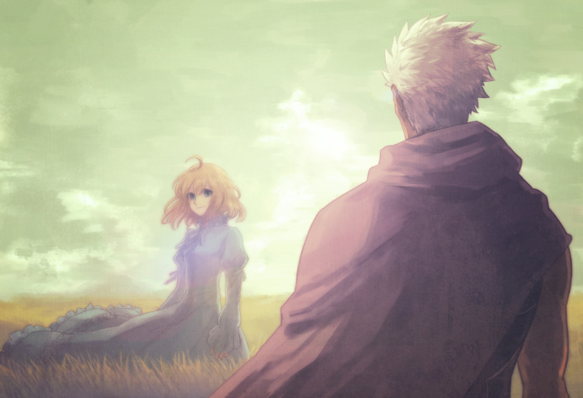 1boy 1girl ahoge archer blonde_hair blue_dress commentary_request dark_skin dark_skinned_male dress emiya_shirou fate/stay_night fate_(series) field grass green_eyes gupaon hay highres last_episode looking_at_another saber white_hair