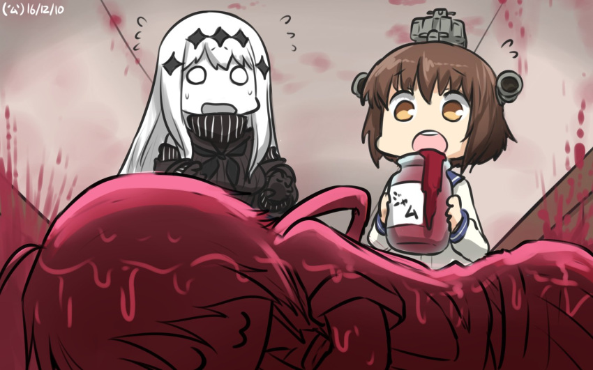 3girls :3 aircraft_carrier_water_oni black_gloves brown_hair commentary dated flying_sweatdrops gloves hair_ornament hallway hamu_koutarou headgear highres jam jar kako_(kantai_collection) kantai_collection long_hair multiple_girls neckerchief open_mouth shinkaisei-kan sleeping solid_circle_eyes teruyof turtleneck white_hair yukikaze_(kantai_collection)