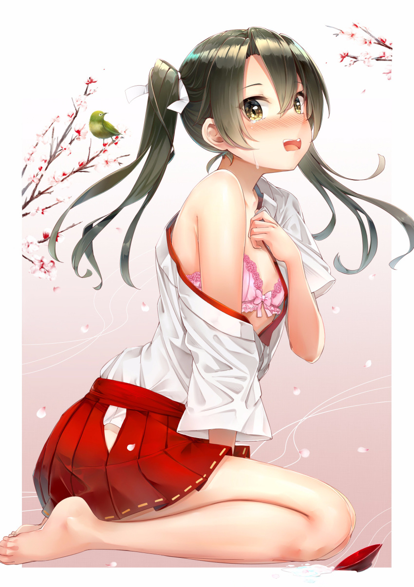 1girl absurdres alcohol bangs barefoot bird blush bow bow_bra bra branch cherry_blossoms crying crying_with_eyes_open cup embarrassed feet from_side full-face_blush green_hair hair_between_eyes highres kantai_collection legs looking_at_viewer nontraditional_miko open_mouth pink_bow pink_bra pleated_skirt red_skirt sakazuki sake shirt_slip sitting skirt solo somalisu spilled tears teeth twintails underwear wariza yellow_eyes zuikaku_(kantai_collection)