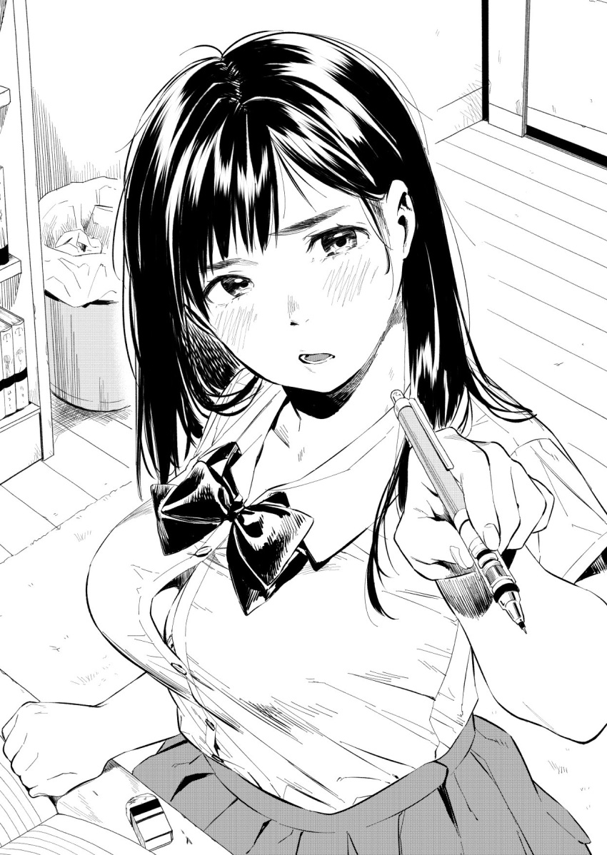 1girl ayase_totsuki bangs black_hair blush bookshelf bow bowtie breasts cleavage cleavage_cutout collared_shirt commentary desk door eraser from_above greyscale highres holding holding_pen indoors large_breasts long_hair looking_at_viewer monochrome notebook open_mouth original pen pleated_skirt pointing pointing_at_viewer room school_uniform shirt short_sleeves skirt solo teeth trash_can wooden_floor