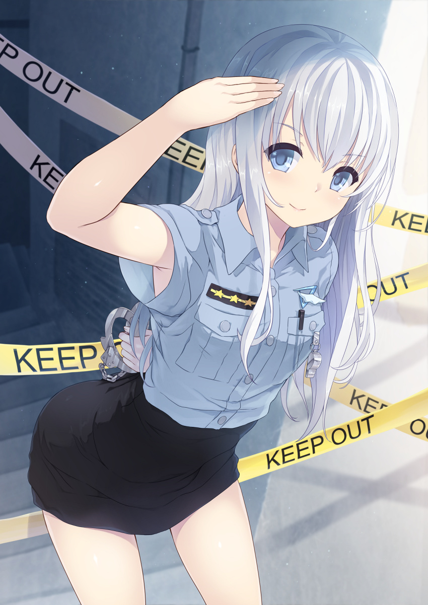 1girl arm_behind_back arm_up armpit_peek black_skirt blue_eyes blue_hair blush breast_pocket buttons cait caution_tape closed_mouth cowboy_shot cuffs handcuffs highres holding keep_out kuuki_shoujo leaning_forward long_hair official_art pen pocket police police_uniform policewoman salute skirt smile solo stairs standing star straight_hair the_personfication_of_atmosphere uniform whistle