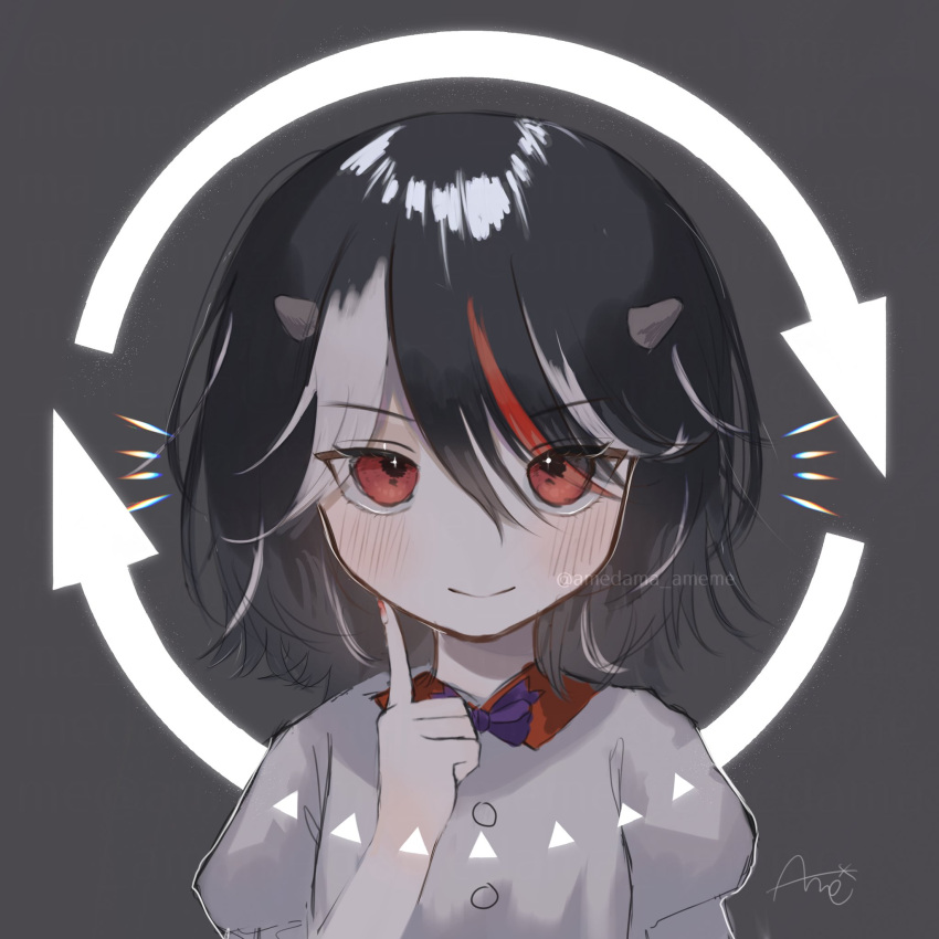 1girl amedama_ameme arrow_(symbol) black_hair blush closed_mouth eyebrows_visible_through_hair face hair_between_eyes hand_up highres horns index_finger_raised kijin_seija light_smile looking_at_viewer multicolored_hair nail_polish red_eyes red_nails signature simple_background solo streaked_hair touhou upper_body