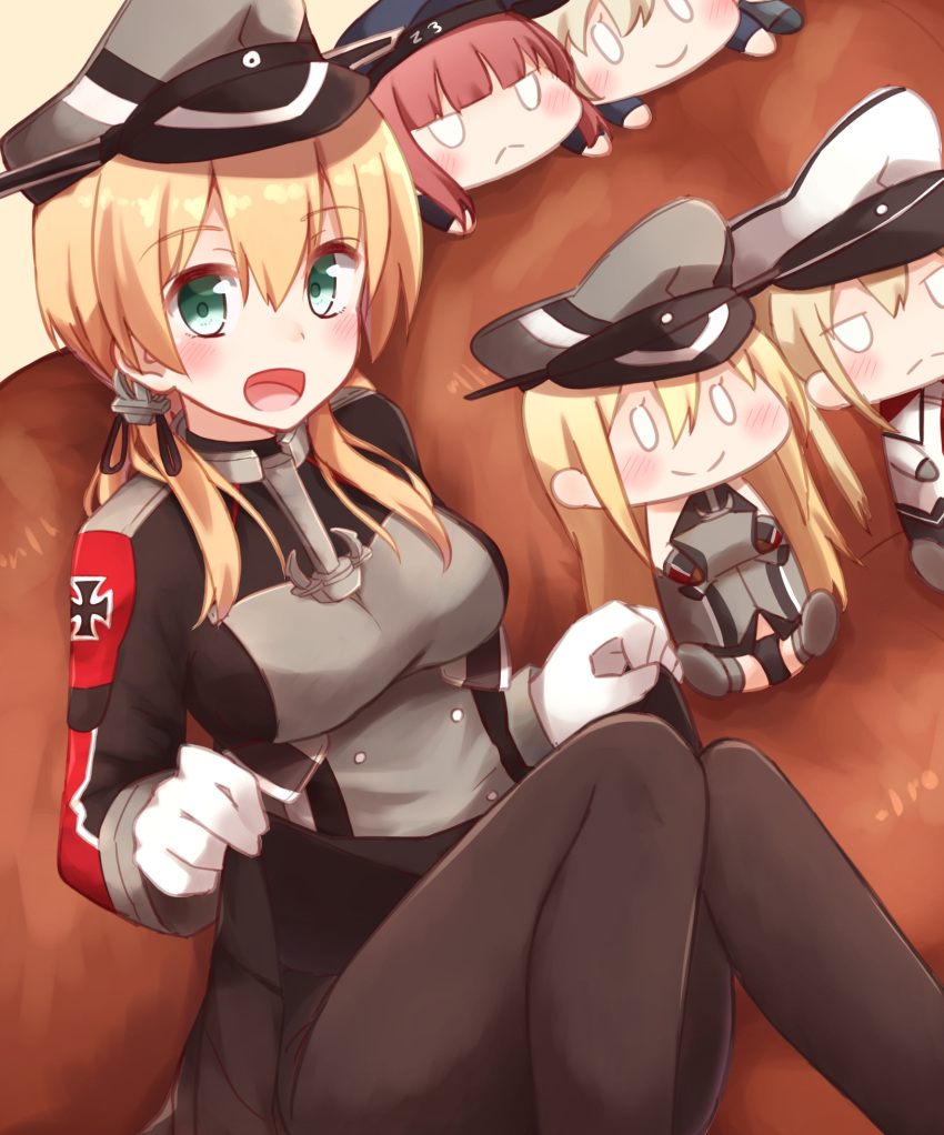 1girl anchor anchor_hair_ornament bismarck_(kantai_collection) black_legwear black_skirt blonde_hair character_doll couch gloves graf_zeppelin_(kantai_collection) green_eyes hair_ornament hat highres iron_cross kantai_collection kapatarou looking_at_viewer low_twintails military military_hat military_uniform open_mouth pantyhose peaked_cap pleated_skirt prinz_eugen_(kantai_collection) skirt twintails uniform white_gloves z1_leberecht_maass_(kantai_collection) z3_max_schultz_(kantai_collection)