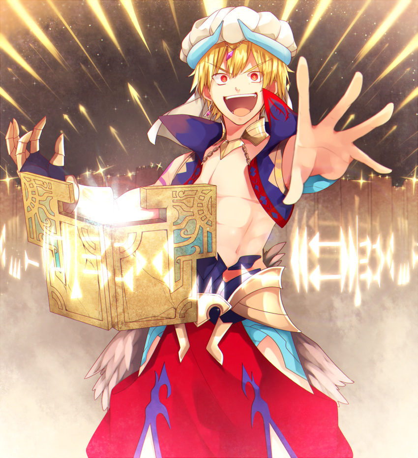 &gt;:d 1boy :d arabian_clothes blonde_hair fate/grand_order fate_(series) gilgamesh gilgamesh_(caster)_(fate) highres male_focus open_mouth ponita red_eyes runes smile solo stone_tablet sumerian turban wall