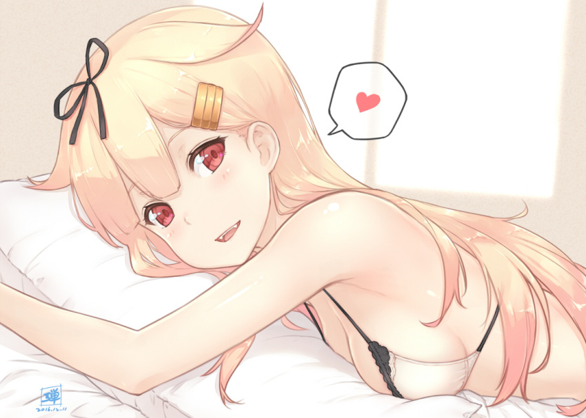 1girl adam700403 bare_shoulders bed bed_sheet black_ribbon blonde_hair bra breast_press breasts fang gradient_hair hair_flaps hair_ribbon heart kantai_collection long_hair looking_at_viewer lying medium_breasts midriff multicolored_hair on_stomach open_mouth pillow pillow_hug red_eyes redhead remodel_(kantai_collection) ribbon sideboob signature spoken_heart underwear underwear_only upper_body white_bra yuudachi_(kantai_collection)