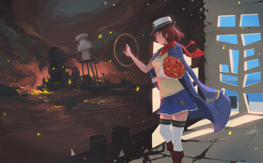 1girl blouse blue_skirt boots bouquet closed_eyes fire flower frilled_skirt frills hat highres jacket_on_shoulders pacific pearl_harbor pier red_neckerchief redhead shards sima_naoteng skirt thigh-highs uss_arizona_(bb-39) white_legwear wind wind_lift yellow_blouse