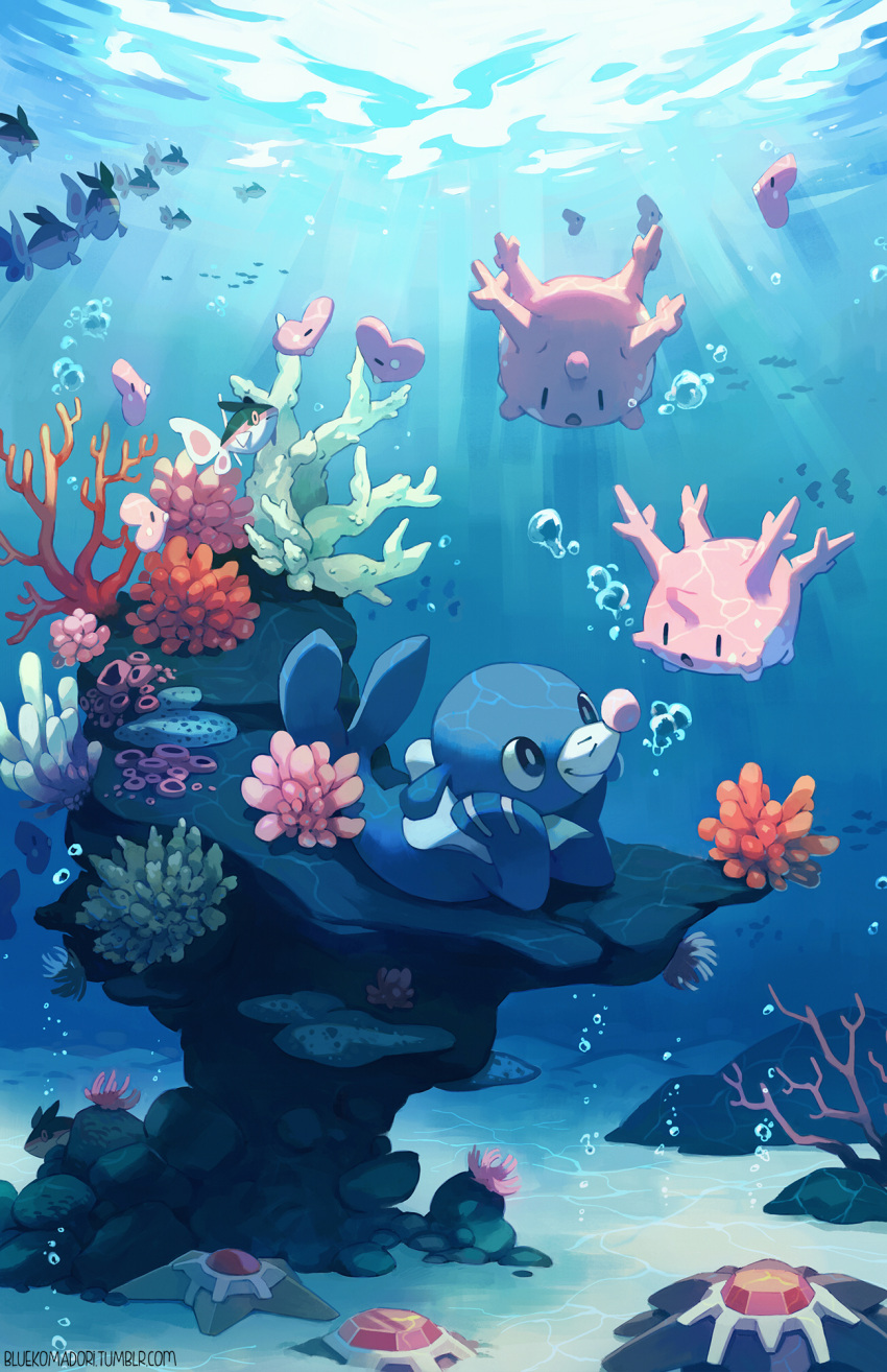 air_bubble bluekomadori bubble clown_nose coral corsola finneon hands_on_own_cheeks hands_on_own_face highres looking_at_another no_humans pokemon pokemon_(creature) popplio sea_lion smile starmie staryu tumblr_username underwater water