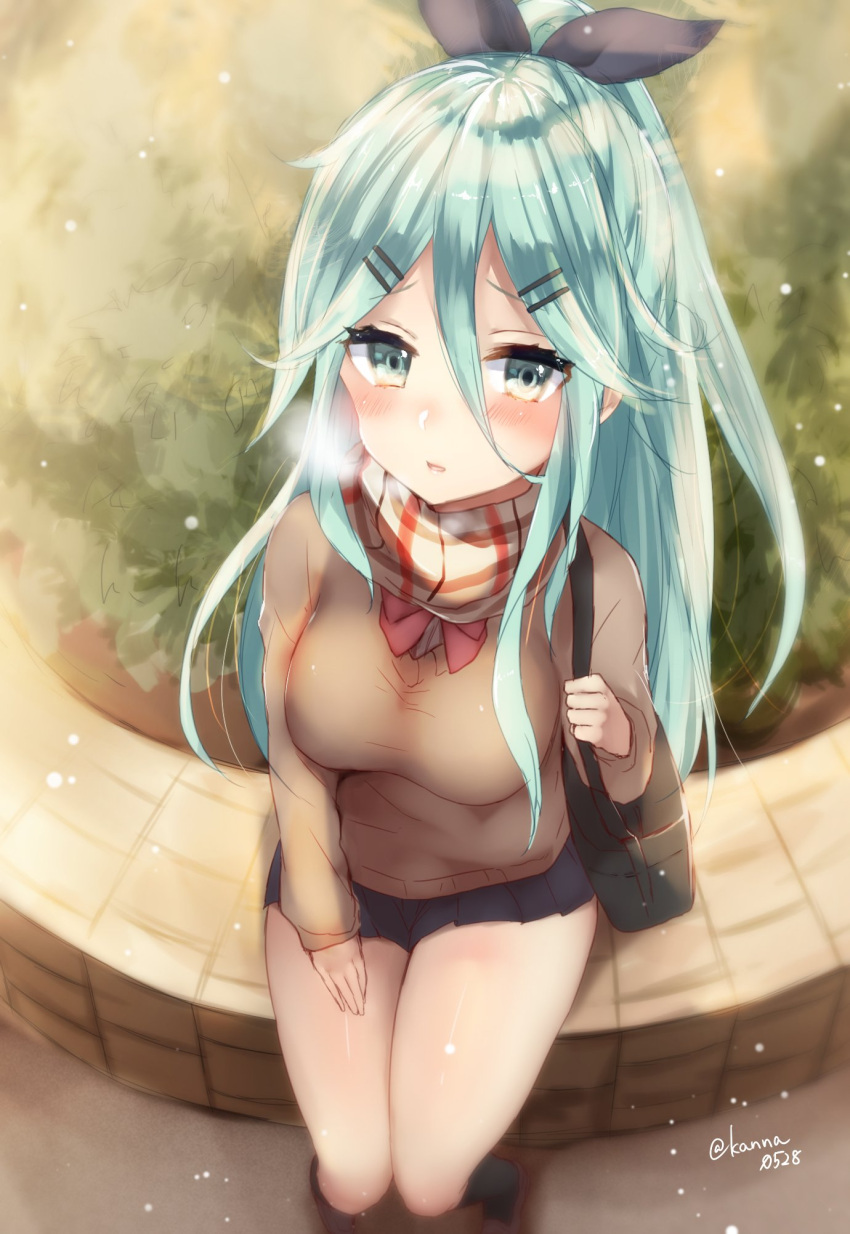 1girl alternate_costume bag bangs black_legwear blue_skirt blush breasts brown_shoes cardigan dated eyebrows_visible_through_hair from_above green_eyes green_hair hair_between_eyes hair_flaps hair_ornament hair_tie hairclip hand_on_leg highres kantai_collection long_hair long_sleeves looking_at_viewer looking_up matching_hair/eyes medium_breasts open_mouth plant pleated_skirt ponytail sakiryo_kanna scarf school_bag shoes sitting skirt socks soil solo twitter_username yamakaze_(kantai_collection)