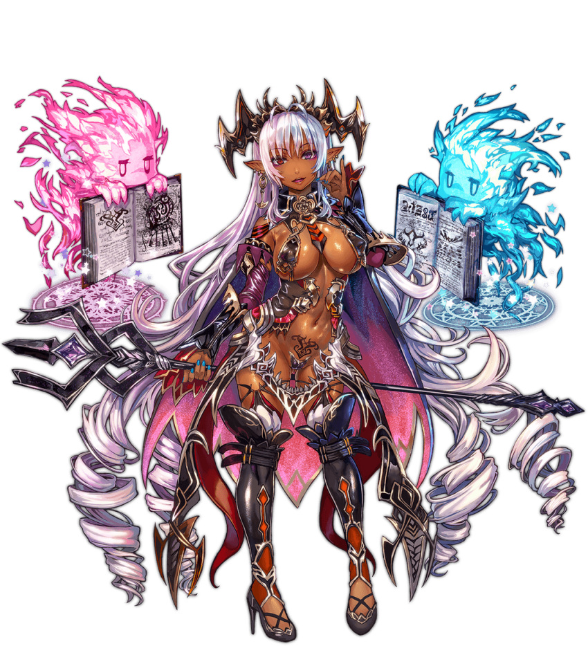 1girl absurdly_long_hair book boots breasts cape dark_skin dorothea_(sennen_sensou_aigis) drill_hair earrings full_body headdress high_heels holding holding_staff jewelry large_breasts long_hair looking_at_viewer magic_circle nail_polish navel official_art pointy_ears red_eyes revealing_clothes sennen_sensou_aigis shiny shiny_skin solo staff stomach_tattoo thigh-highs thigh_boots transparent_background very_long_hair violet_eyes white_hair