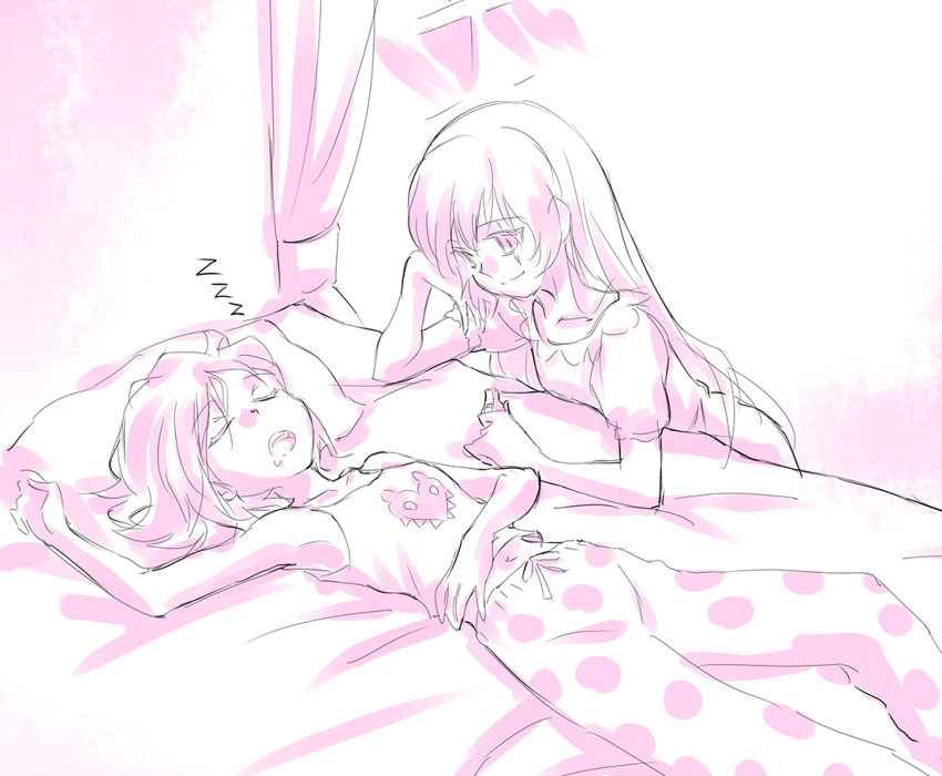 2girls bed commentary female gradient gradient_background iesupa indoors looking_at_another monochrome multiple_girls navel pajamas ruby_rose rwby scar sleeping weiss_schnee whistle white_background
