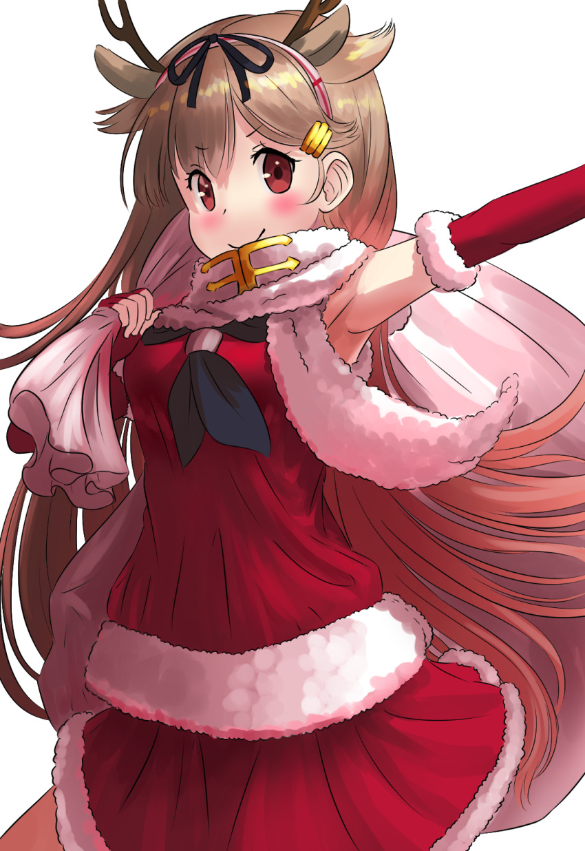 1girl alternate_costume antlers ao_iro armpits bare_shoulders blonde_hair breasts detached_sleeves elbow_gloves fingerless_gloves gloves gradient_hair hair_flaps hairband hat highres kantai_collection long_hair looking_at_viewer medium_breasts multicolored_hair outstretched_arm red_eyes red_skirt redhead reindeer_antlers remodel_(kantai_collection) santa_costume santa_hat scarf skirt skirt_set smile solo upper_body white_scarf yuudachi_(kantai_collection)