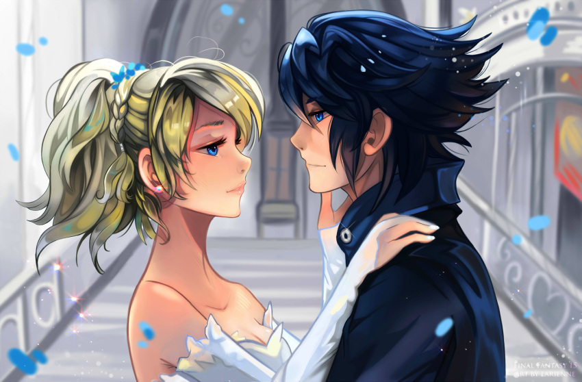1boy 1girl black_hair blonde_hair blue_eyes breasts dress eye_contact final_fantasy final_fantasy_xv hand_on_another's_face larienne looking_at_another lunafreya_nox_fleuret noctis_lucis_caelum spiky_hair white_dress