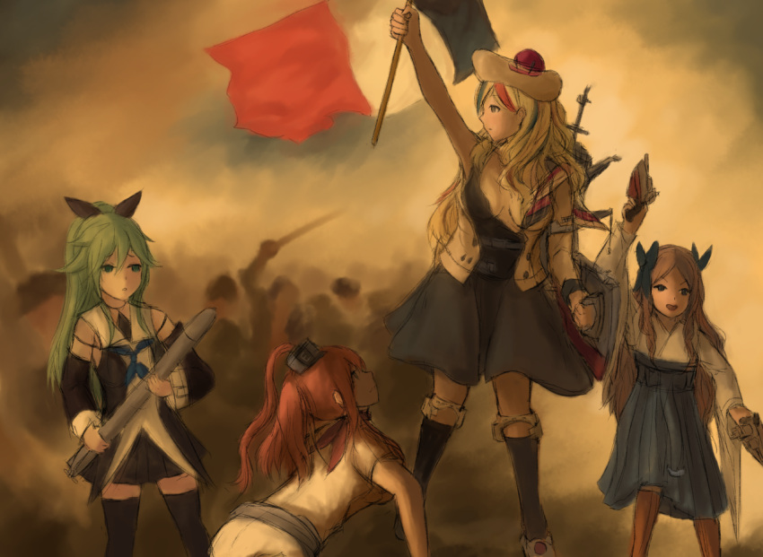 4girls age_progression asakaze_(kantai_collection) bangs blonde_hair blue_hair blue_ribbon brown_hair commandant_teste_(kantai_collection) fine_art_parody french_flag green_hair hair_ornament japanese_clothes kantai_collection liberty_leading_the_people multicolored_hair multiple_girls onst_k parody ribbon saratoga_(kantai_collection) statue_of_liberty torpedo twintails weapon yamakaze_(kantai_collection)