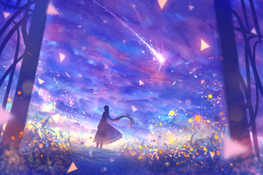 1girl clouds colorful comet dress dutch_angle fantasy from_behind gate grass light_particles long_hair original path road sakimori_(hououbds) scenery silhouette sky solo texture wind