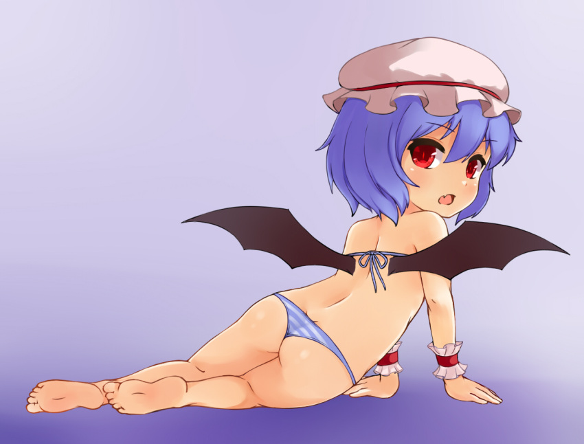 ass bat_wings bikini blue_background blue_hair bushi_(1622035441) fang feet hat looking_at_viewer looking_back lying mob_cap on_side open_mouth red_eyes remilia_scarlet short_hair simple_background swimsuit touhou wings wrist_cuffs
