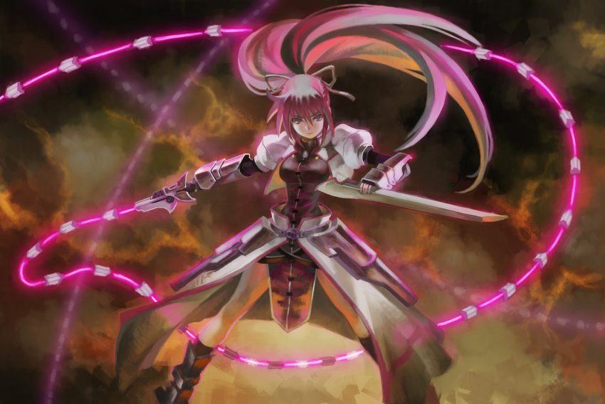 1girl armor armored_boots blue_eyes boots breasts closed_mouth cropped_jacket faulds female fingerless_gloves gauntlets gloves glowing hair_ribbon highres holding holding_sheath holding_weapon legs_apart levantine long_sleeves lyrical_nanoha mahou_shoujo_lyrical_nanoha_a's medium_breasts outstretched_arm pelvic_curtain pink_hair ponytail puffy_short_sleeves puffy_sleeves ribbon sheath short_sleeves signum standing visqi waist_cape weapon whip_sword