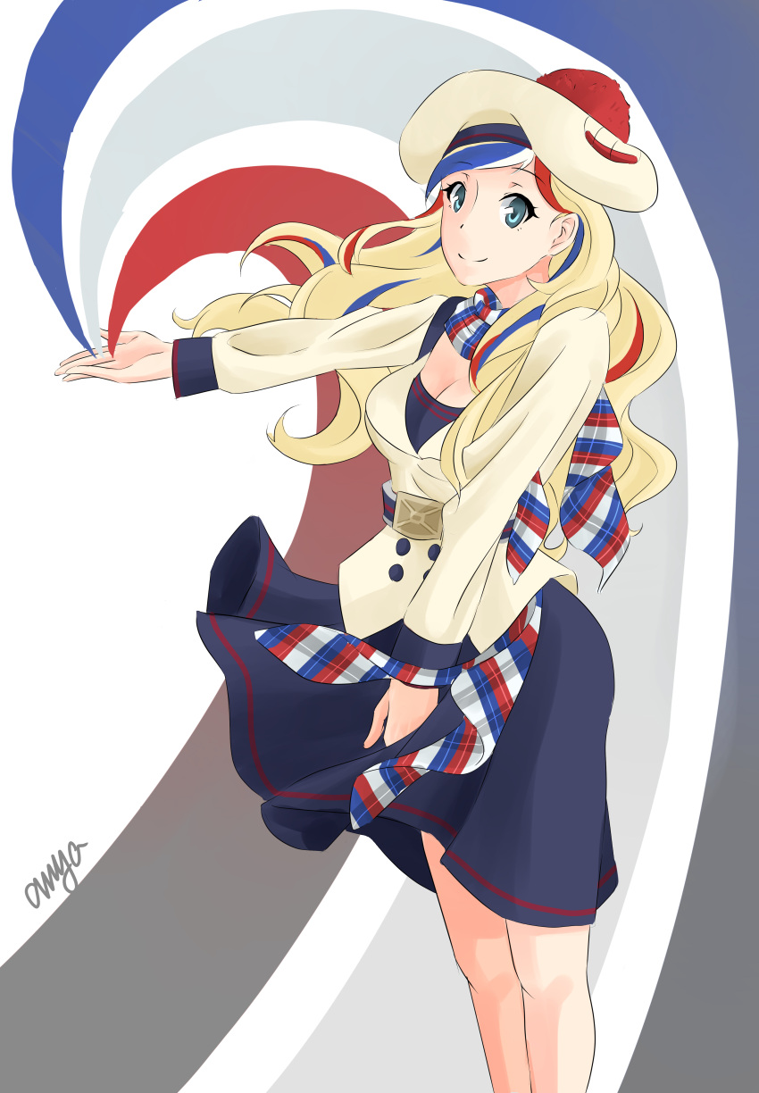 1girl absurdres anya belt beret blonde_hair blue_eyes blue_hair breasts cleavage commandant_teste_(kantai_collection) double-breasted dress france french_flag hat highres jacket kantai_collection long_hair looking_at_viewer multicolored_hair pom_pom_(clothes) redhead scarf smile solo streaked_hair white_hair