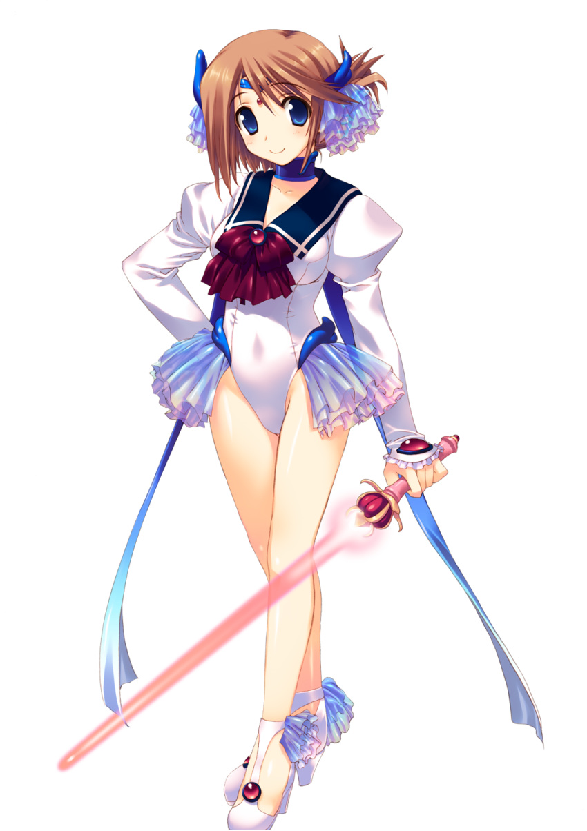 1girl artist_request blue_eyes brown_hair collar frills full_body gem hair_ornament hand_on_hip high_heels highres holding holding_weapon jewelry komaki_manaka leotard long_sleeves looking_at_viewer smile solo standing sword to_heart_2 to_heart_2_dungeon_travelers transparent_background weapon
