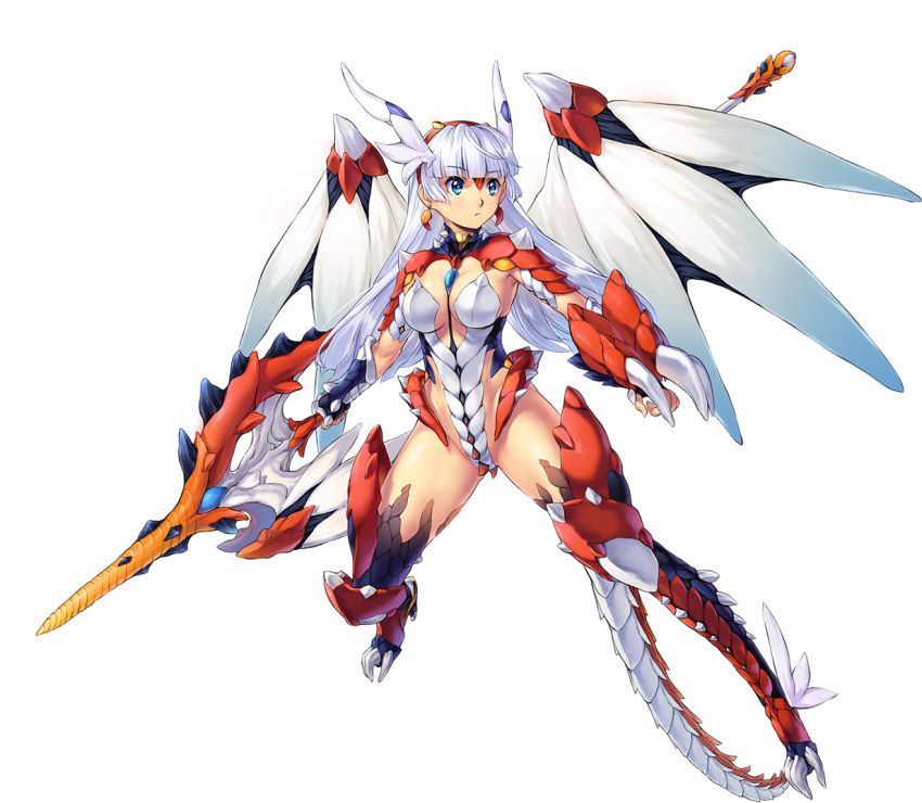 1girl armor awakening_(sennen_sensou_aigis) blue_eyes bodysuit boots breasts cleavage dragon_tail earrings full_body hair_ornament head_wings jewelry large_breasts leotard long_hair lucille_(sennen_sensou_aigis) sennen_sensou_aigis solo tail thigh-highs thigh_boots transparent_background uchiu_kazuma weapon white_hair wings