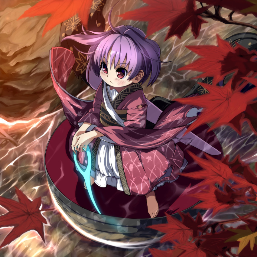 1girl afloat ahoge autumn_leaves barefoot blush bowl closed_mouth full_body glowing glowing_weapon highres in_bowl in_container japanese_clothes kimono leaf leaf_print legs_apart long_sleeves looking_afar maple_leaf needle obi outdoors purple_hair red_eyes river rock sash shope short_hair solo standing sukuna_shinmyoumaru tareme touhou tsurime water weapon wide_sleeves