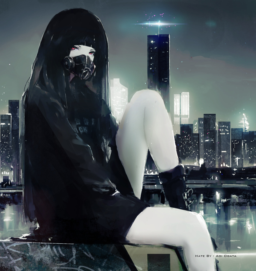 1girl absurdres aoi_ogata arms_between_legs artist_name bangs black_boots black_hair black_skirt blunt_bangs boots bridge building city city_lights cityscape clothes_writing covered_mouth gas_mask highres hood hood_down hoodie kiraiko knee_boots knee_up long_sleeves looking_at_viewer mask night original outdoors red_eyes road scenery sitting skirt sky skyscraper solo sparkle watermark