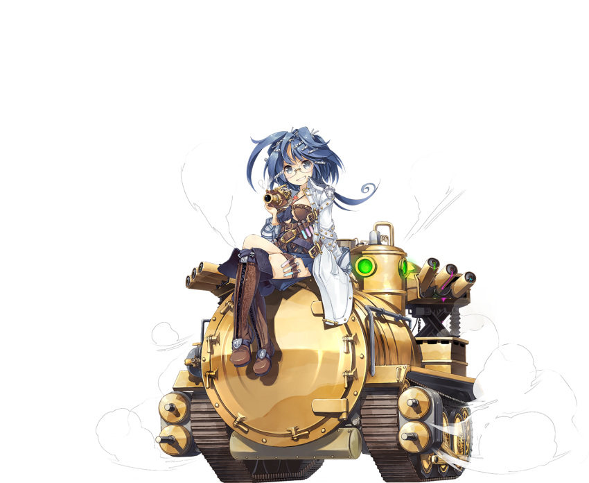1girl blue_eyes blue_hair boots coat glasses grin ground_vehicle hair_ornament hairclip highres holding labcoat legs_crossed long_hair long_sleeves looking_at_viewer makina_(sennen_sensou_aigis) military military_vehicle motor_vehicle nanaroku_(fortress76) official_art open_clothes open_coat rimless_glasses sennen_sensou_aigis sitting smile solo tank test_tube thigh_strap transparent_background