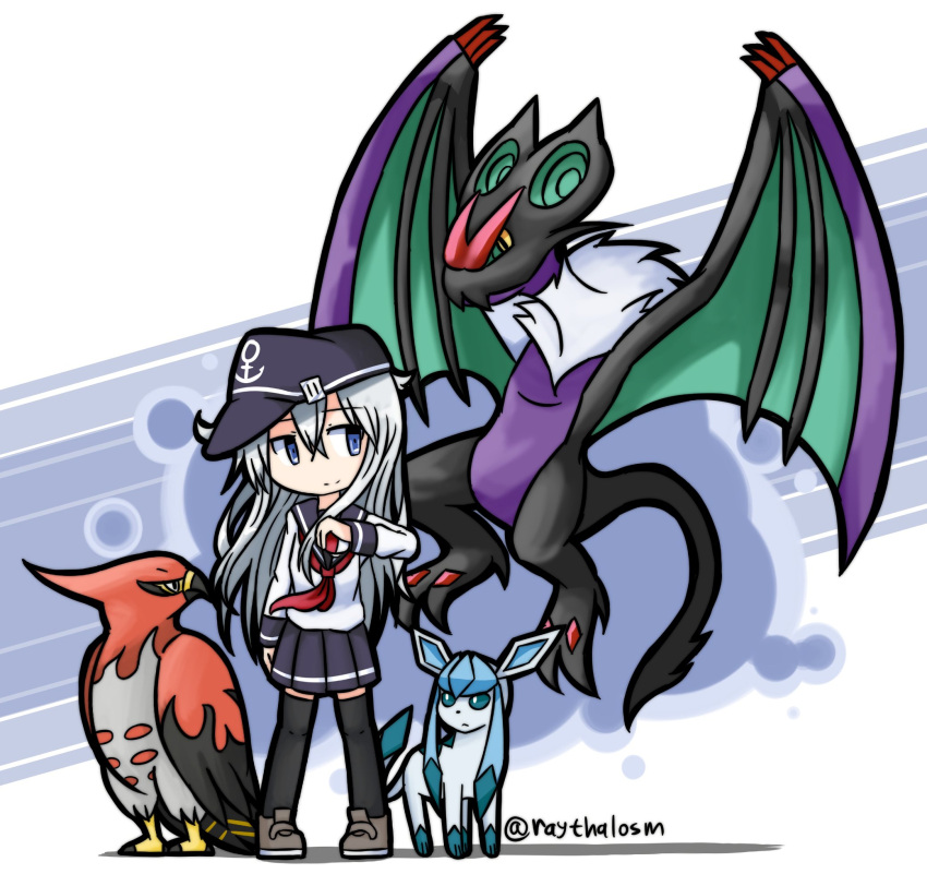 1girl anchor_symbol bangs bird black_legwear black_skirt blue_eyes claws crossover eyebrows_visible_through_hair flat_cap flying glaceon hair_between_eyes hand_up hat hibiki_(kantai_collection) highres holding holding_poke_ball kantai_collection long_hair long_sleeves looking_to_the_side neckerchief necktie noivern pleated_skirt poke_ball pokemon pokemon_(creature) pokemon_(game) pokemon_xy raythalosm red_necktie school_uniform serafuku shoes silver_hair skirt smile standing tail talonflame thigh-highs twitter_username white_background white_hair wings zettai_ryouiki